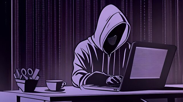 Black and white illustration of an anonymous figure in a hoodie working on a laptop, surrounded by digital code, symbolizing hacking, cybercrime, and data security.