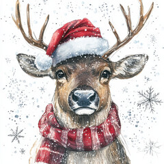 festive reindeer wearing Santa hat and red scarf, surrounded by snowflakes. Perfect for holiday themes and winter celebrations
