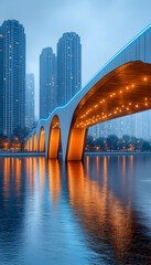 Fototapeta premium A modern bridge with illuminated arches and a cityscape backdrop at dusk.