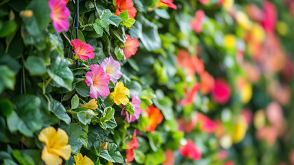 Obraz premium Colorful blooming flowers adorning a lush green wall in a vibrant garden during daytime
