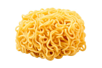 Freshly cooked instant noodles in tangled heap, with unique texture and vibrant yellow color. Perfect for quick meal or culinary creativity concept, isolated on transparent background PNG cutout.