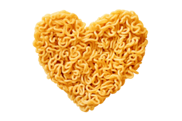 Heart shaped instant noodles create playful and unique food design, perfect for culinary creativity and love themed dishes concept, isolated on transparent background, PNG cutout.