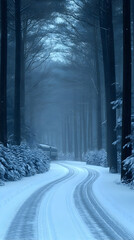 A winding road through a snow-covered forest, with tire tracks leading into the mist.