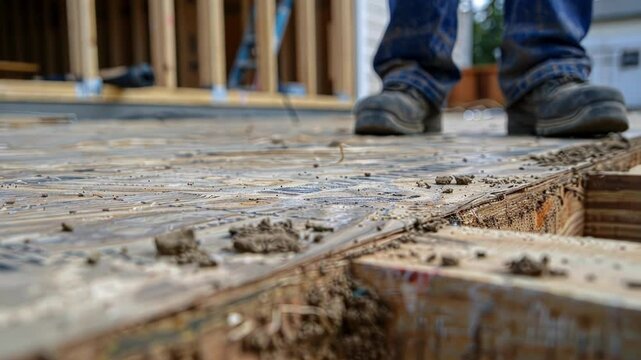 Laying down subflooring a carpenter ensures a level surface for the future flooring of the house.