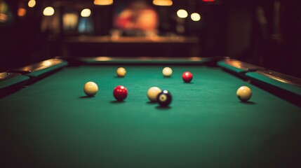 A billiards table's felt surface with chalk marks and ball positions, indoor setting under low club lights, Classic style