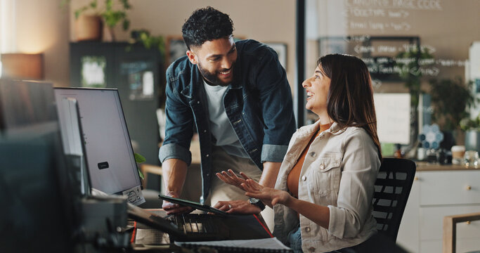 Creative, advice and business people with computer, discussion or planning at digital agency. Teamwork, happy man and woman in office for web design, programming or help in software development