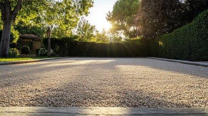 A bocce ball court with compacted gravel surface, outdoor setting in the late afternoon, Classic style