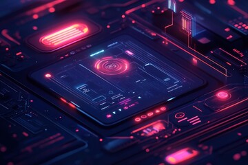 A close-up of a futuristic circuit board with glowing red and blue lines and a central processing unit.