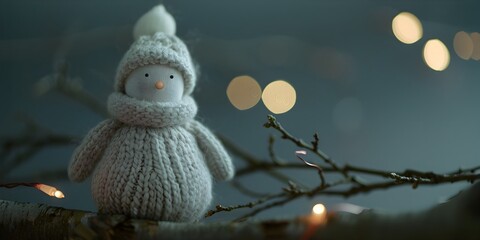 Obraz premium Knitted snowman figure on a branch with glowing lights, cozy winter holiday design