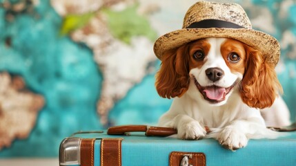 Adorable dog with a suitcase relaxing indoors in a welcoming pet friendly hotel environment
