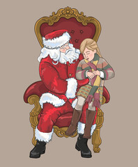 Little girl is sitting on santa's lap. father christmas. isolated vector illustration on beige background.