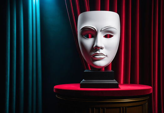 A clean white mockup of a classic, tragic theatre mask with a sorrowful expression. The mask is crafted from smooth, white plaster and features exaggerated, sculpted features like a downturned mouth