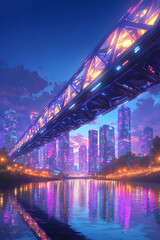 Obraz premium Futuristic cityscape with a glowing bridge over a river at dusk.