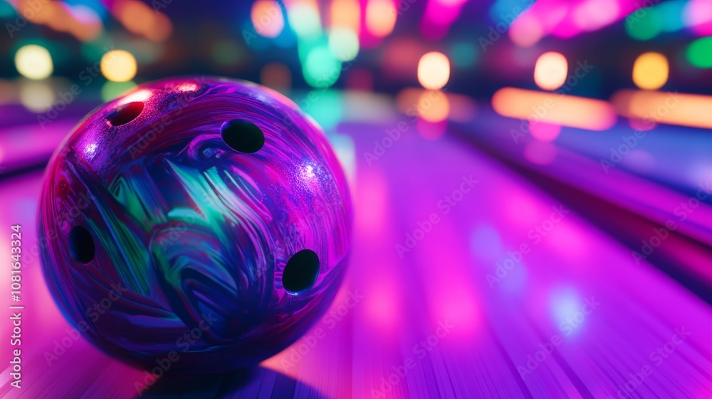 Aufkleber a bowling ball's finger holes with polished surface and colorful patterns, indoor setting with neon 