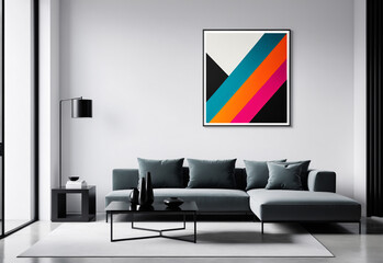 A clean white mockup of a vibrant, abstract painting in a simple, black metal frame. The painting features bold strokes of color and geometric shapes, creating a dynamic and modern aesthetic.