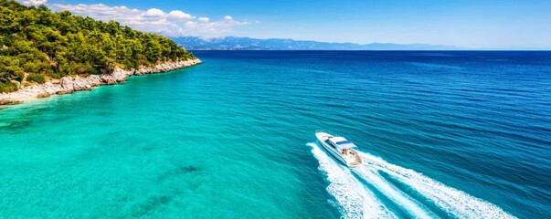Ocean conservation marine and protected areas concept. A scenic view of a motorboat gliding through vibrant turquoise waters near a lush coastline under a clear blue sky.