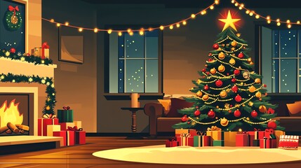 Cozy Christmas Interior with Fireplace and Tree