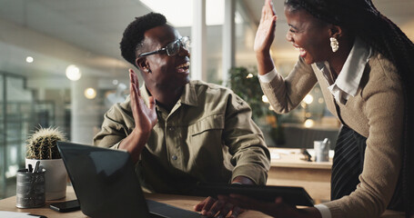 Business people, night and high five with team for promotion, congratulations or winning together at office. Businessman, woman or employees working late with smile for success, goals or deadline