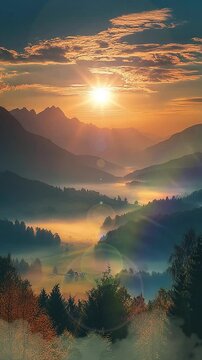 Majestic Sunrise Over Misty Mountain Landscape. Background. Seamless looping motion design. Video animation. Serene sunrise illuminating misty valleys and lush forested mountains, creating a