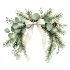 beautiful arrangement of greenery featuring eucalyptus, pine, and decorative bow, perfect for festive occasions. natural elements create serene and elegant atmosphere