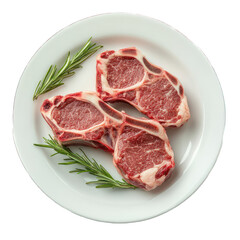 Raw lamb shoulder chops on white plate isolated on transparent background