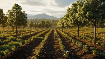 Fototapeta premium A reforested landscape with rows of newly planted trees growing in harmony with native species, showcasing the balance between conservation and responsible timber production. 
