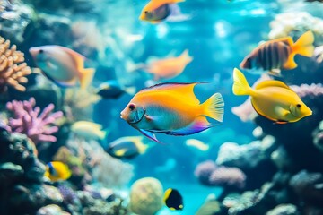 Fototapeta premium A vibrant underwater scene featuring colorful fish swimming amidst coral reefs in a clear, blue ocean environment.