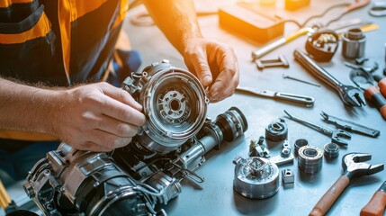 Turbocharger installation scene with a mechanic adjusting fittings and hoses
