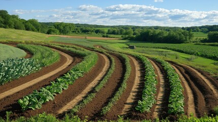 Naklejka premium A regenerative farm featuring composting systems, natural windbreaks, and fields of various crops. The farm maintains soil health by using cover crops and no-till farming. 