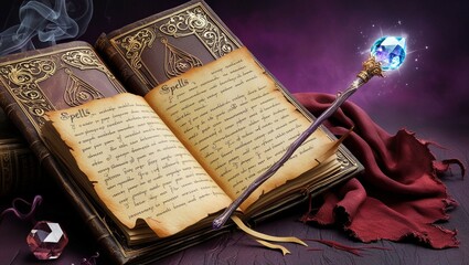 Old Spell Book and Magic Wand with Witch Rag – Enchanting Background in Multiple Colors with Copy Space
