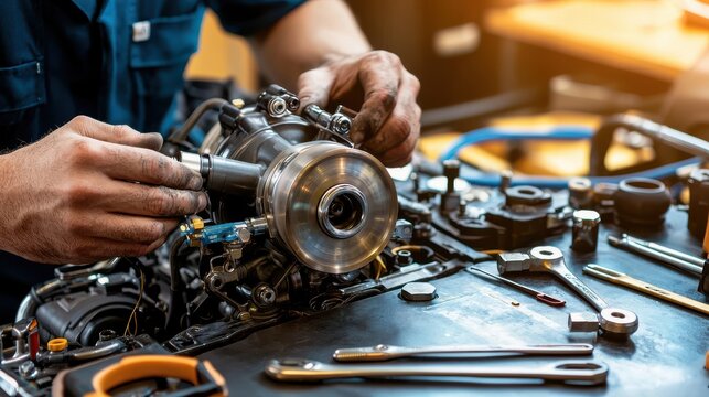 A mechanic hands installing a turbocharger on an engine block