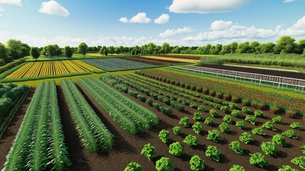 A regenerative farm with fields of diverse crops, natural windbreaks, and composting systems. The farm practices no-till agriculture and cover cropping, preserving soil health 