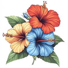 A vibrant illustration of three hibiscus flowers in orange, blue, and yellow, surrounded by lush green leaves, showcasing nature's beauty.