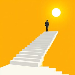 A silhouetted figure ascends a staircase towards a bright sun, symbolizing hope, ambition, and the pursuit of dreams against a vibrant orange backdrop.
