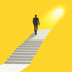A silhouette of a man walking up white stairs towards a bright light against a vibrant yellow background, symbolizing ambition and achievement.