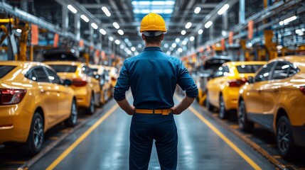 A Factory Worker Stands Between Rows of Yellow Cars