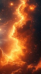 A vibrant cosmic scene showcasing fiery clouds and starlit space.