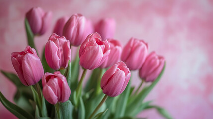 Fototapeta premium Pink tulips arranged beautifully in a vase against a soft pastel backdrop on a sunny day