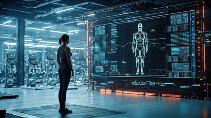 A woman stands in front of a large screen that displays a human body