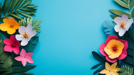 Fototapeta premium Colorful paper flowers and leaves on a bright blue background showcasing creative crafting ideas