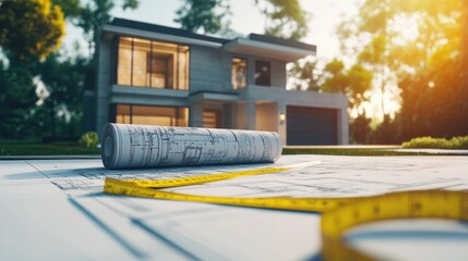 Architectural blueprints and a measuring tape lie on the ground in front of a modern house, representing the planning and construction of a new home.