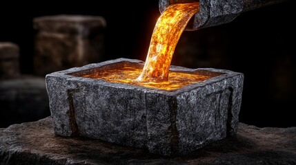 Molten Metal Pouring into Stone Container Foundry Industry Manufacturing