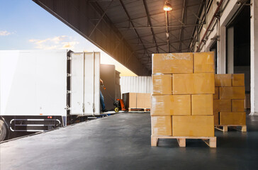 Package Boxes Wrapped Plastic Stacked on Pallets. Loading Goods into Container Trucks. Distribution...