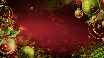Fancy green, red and gold christmas ornaments on a red background, with room for copy space