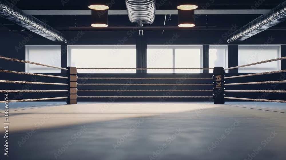 Poster a clean and organized boxing ring with ropes and neutral lighting, indoor setting with minimal distr