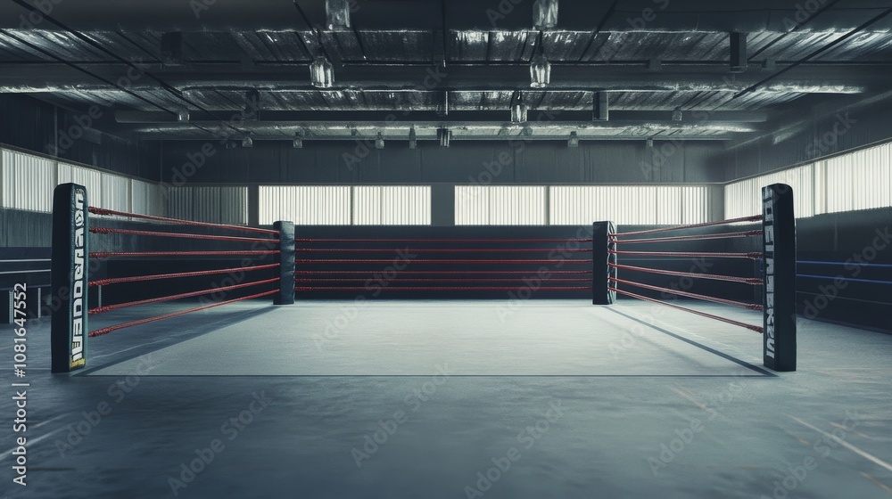 Poster a clean and organized boxing ring with ropes and neutral lighting, indoor setting with minimal distr