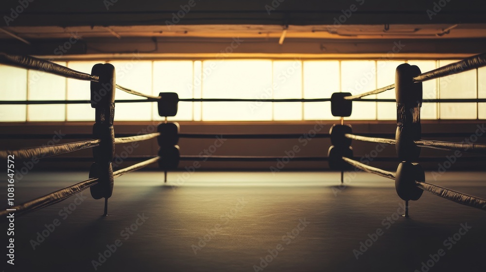 Poster a clean and organized boxing ring with ropes and neutral lighting, indoor setting with minimal distr