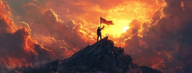 Naklejka premium Man Standing on Mountain Top Holding Flag, Sunset Background, Symbolizing Victory