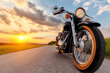 Obraz premium A motorcycle parked on the side of a road at sunset