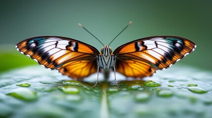Fototapeta premium A butterfly sitting on top of a green leaf